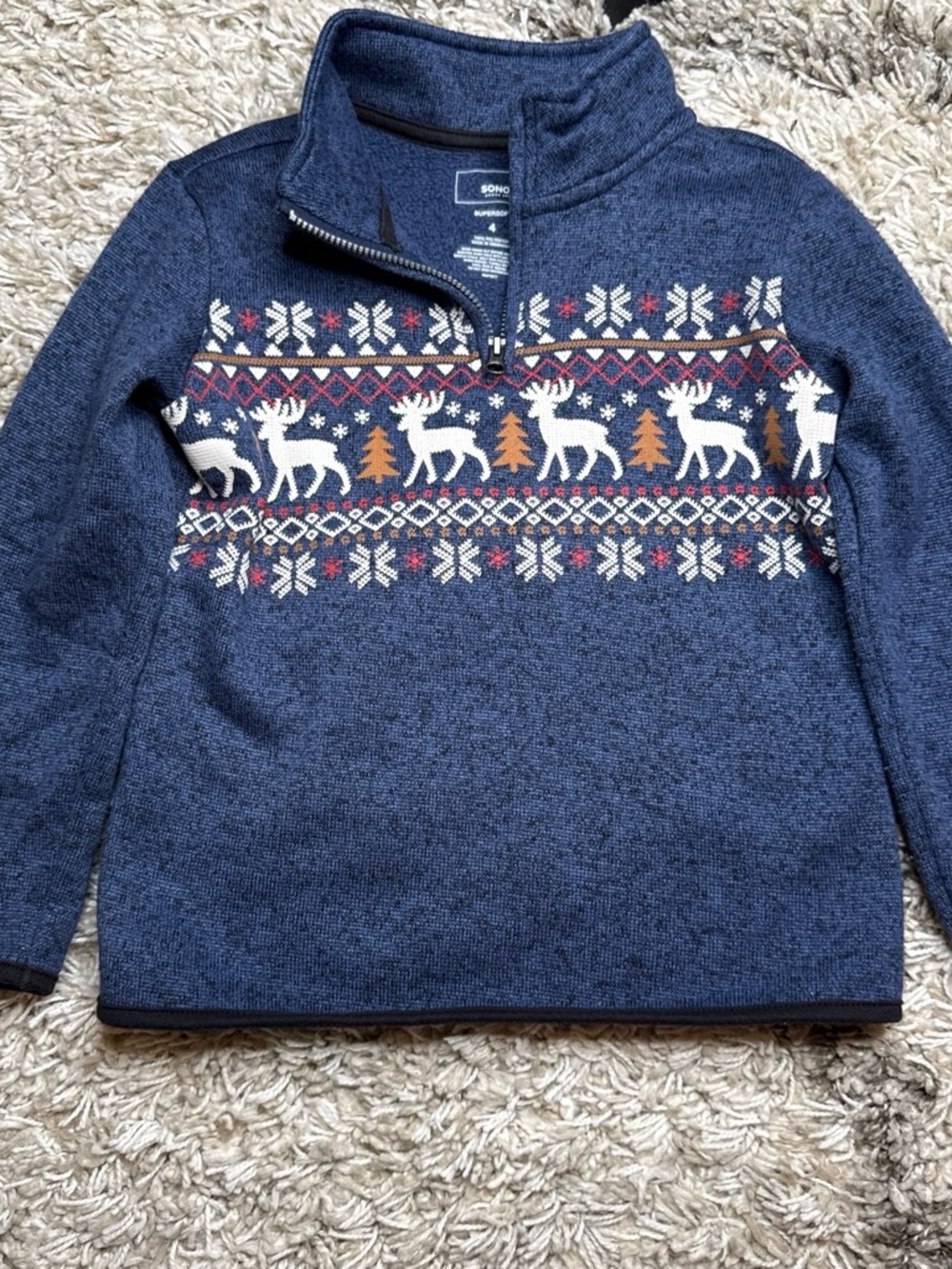 Sonoma Navy Zip-Up Sweater with Fair Isle Reindeer Motif